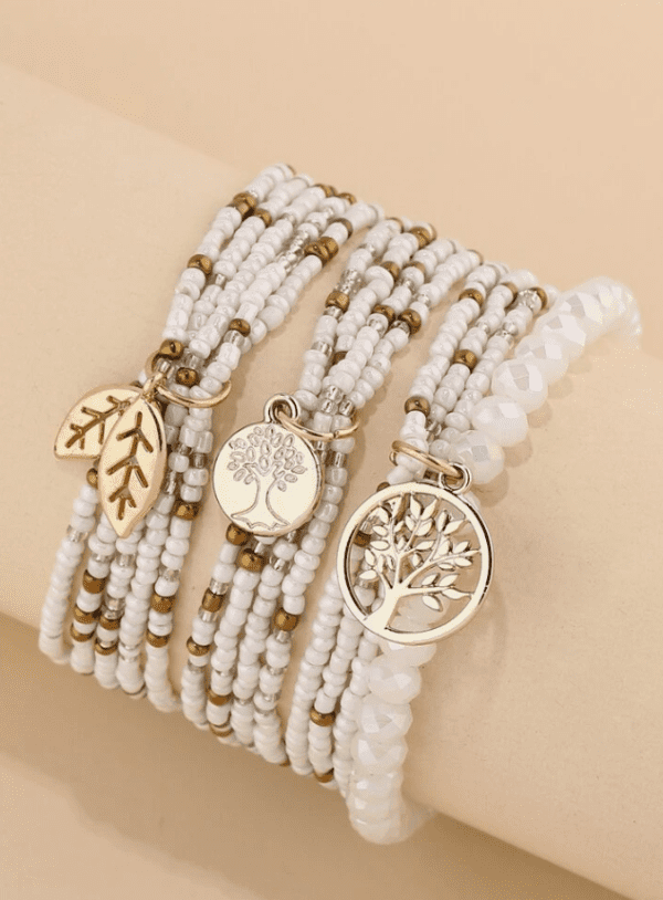 3pcs/set Bohemian Style Alloy Life Tree Charm Grey & White Glass Beaded Bracelet