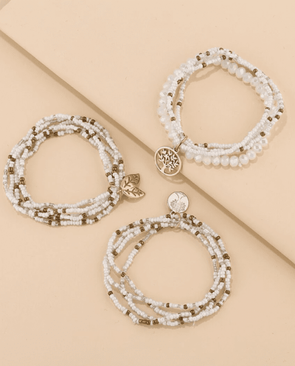 3pcs/set Bohemian Style Alloy Life Tree Charm Grey & White Glass Beaded Bracelet - Image 3