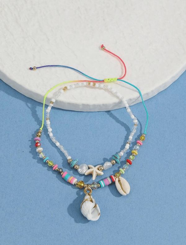 2pcs/set Fashion Shell & Conch Charm Starfish Decor Beaded Anklet