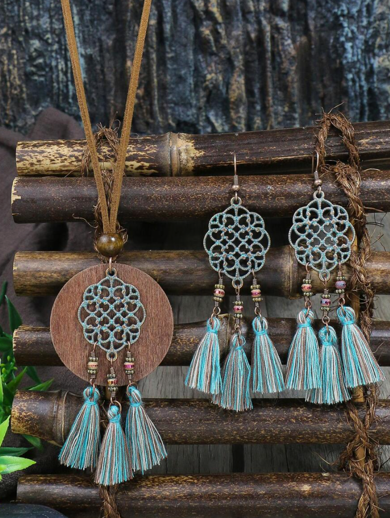 Bohemian Geometric Design Tassel Drop Earrings &  Pendant Necklace