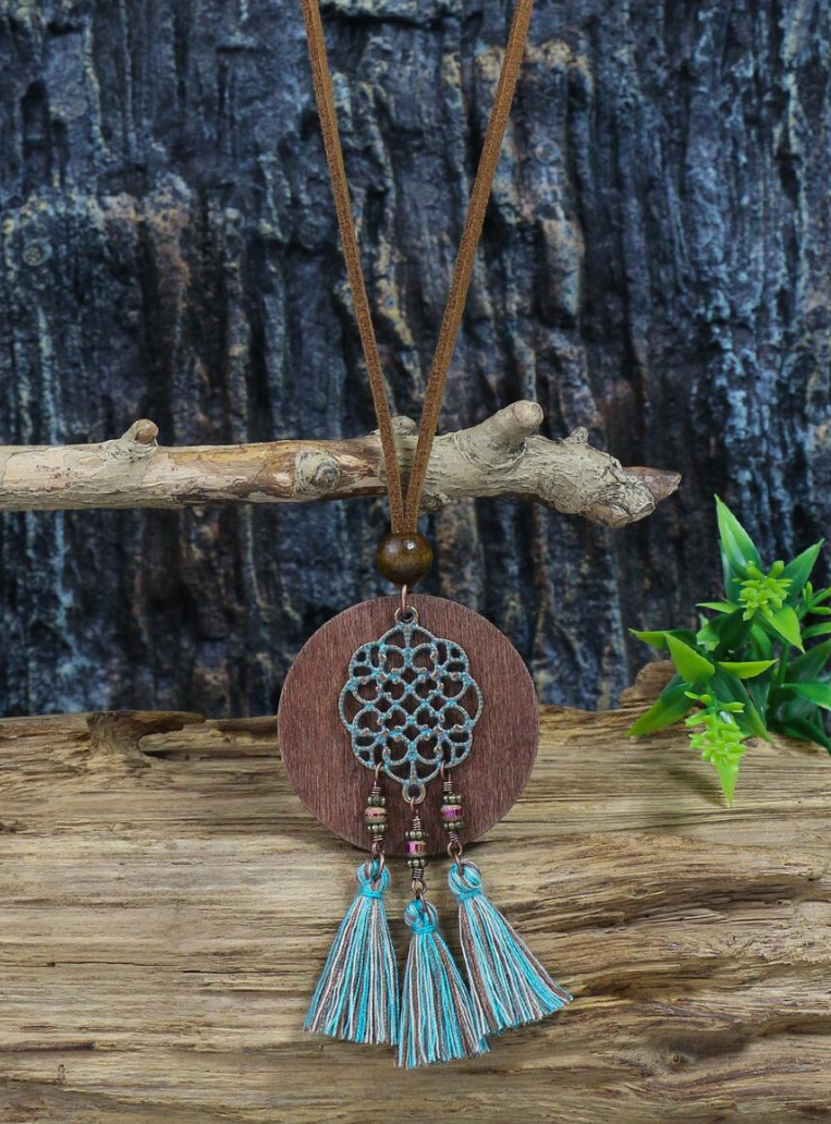 Bohemian Geometric Design Tassel Drop Earrings &  Pendant Necklace - Image 3