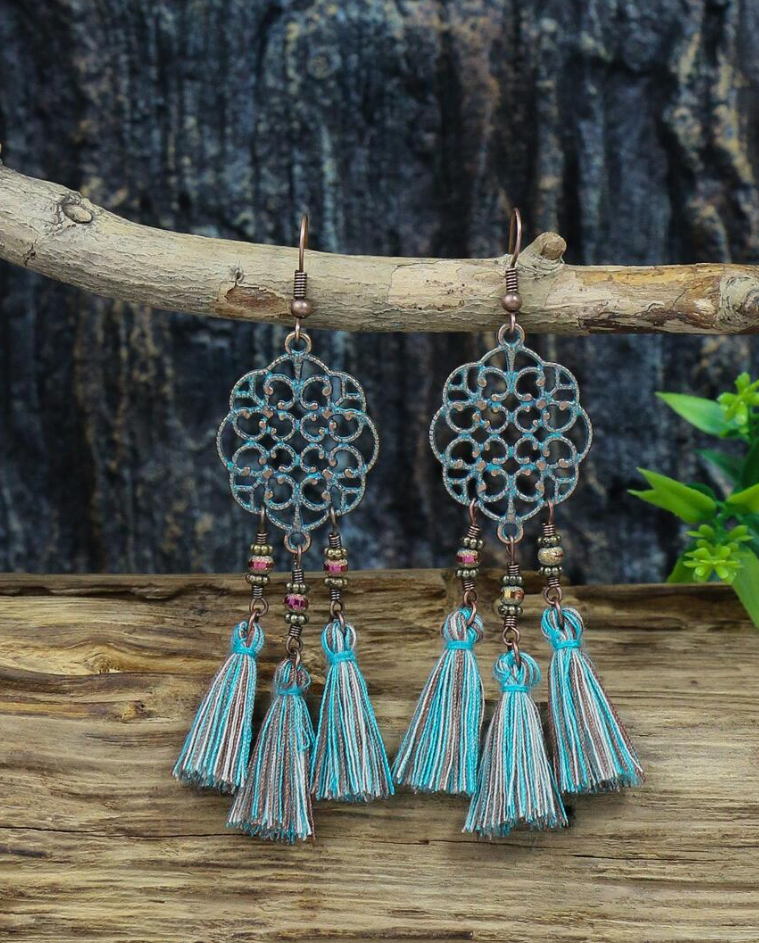Bohemian Geometric Design Tassel Drop Earrings &  Pendant Necklace - Image 4