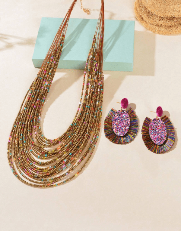 Collar Necklace Colorful Tassel Dangle Earrings - Image 3
