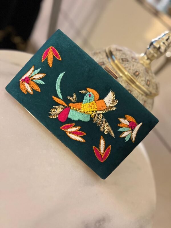 Embroidered Velvet Bird Motif Clutch