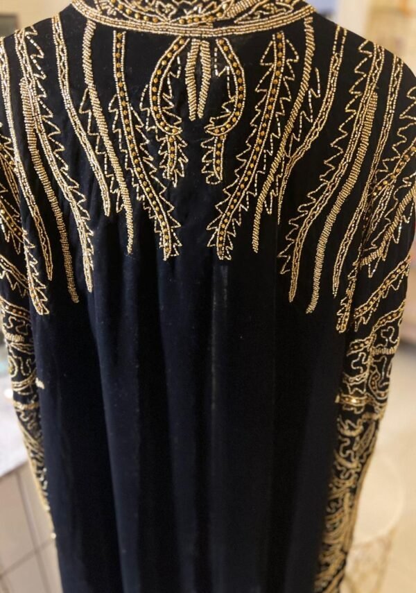 Black Velvet Embroidered Cape Style Long Dress with Gold Beaded Detailing - Image 2