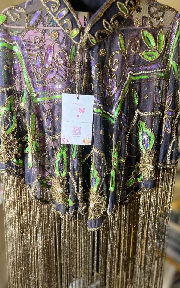 Elegant Hand-Beaded Fringe Mesh Cape