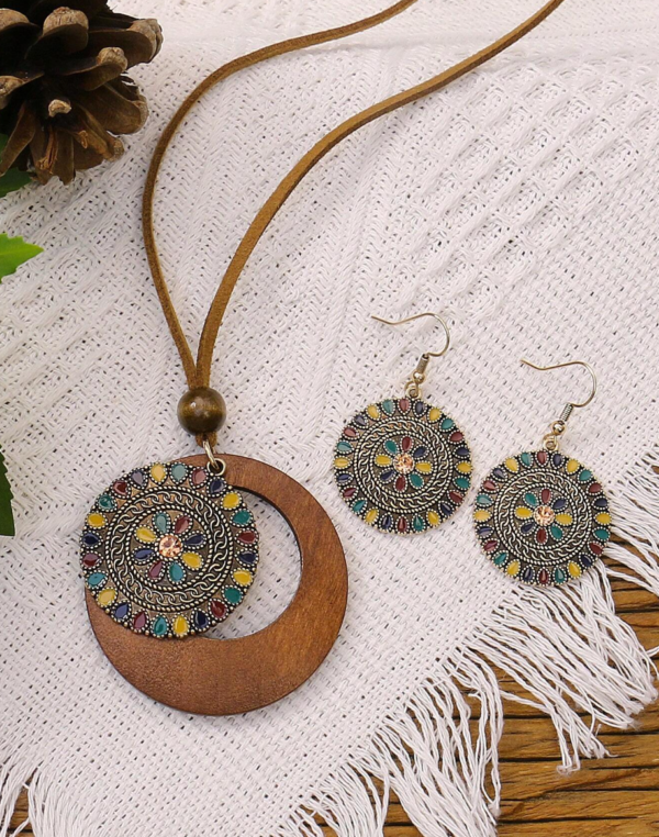 3pcs Bohemian Style Vintage Gold-Tone Alloy Red/Yellow/Blue/Green Floral Drip Oil Earrings And Necklace Set - Image 2
