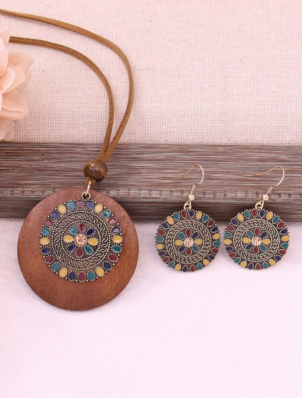 3pcs Bohemian Style Vintage Gold-Tone Alloy Red/Yellow/Blue/Green Floral Drip Oil Earrings And Necklace Set