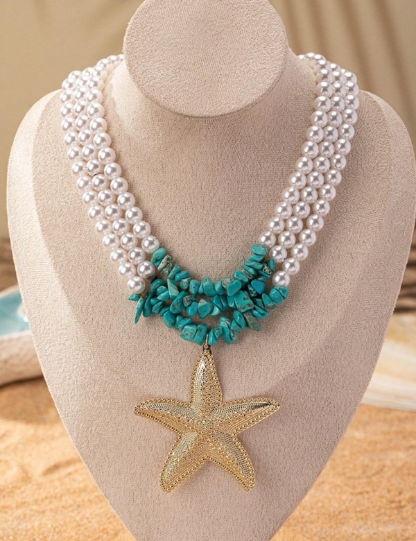 One Multi-Layer Pearl & Stone Chain With Starfish Pendant