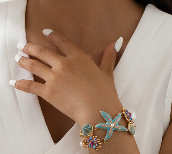 Starfish & Coral Shaped Alloy & Rhinestone & Seashell Bracelet