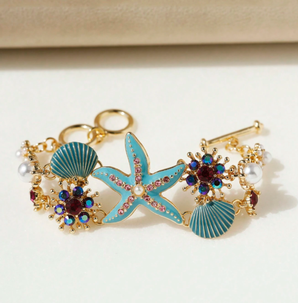 Starfish & Coral Shaped Alloy & Rhinestone & Seashell Bracelet - Image 2
